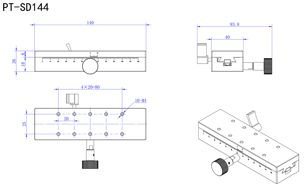 PT-SD24S 普通型手動平移臺 齒輪齒條X軸滑臺 X軸位移臺 移動臺